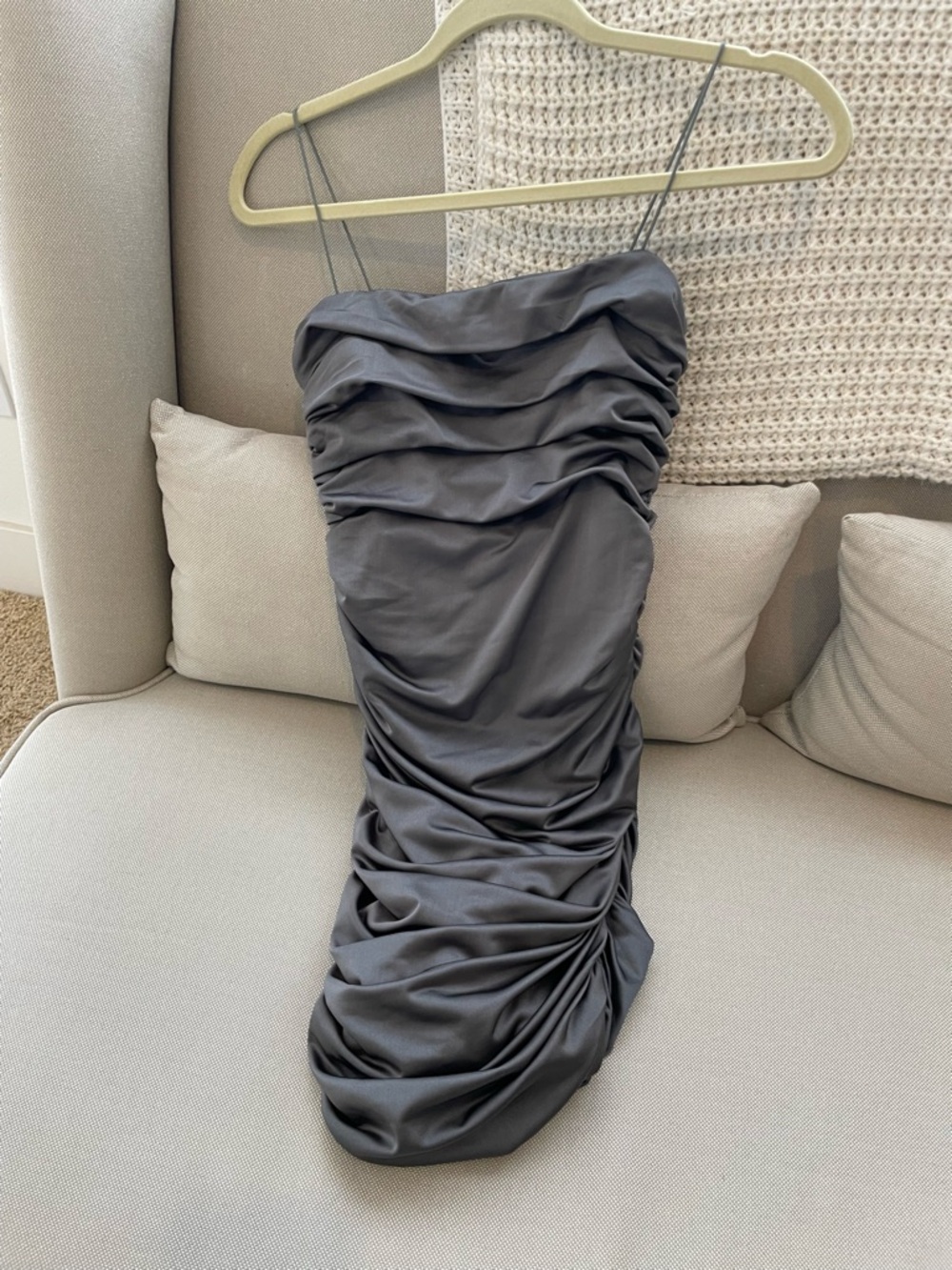Ruched Satin Grey Mini Dress size M